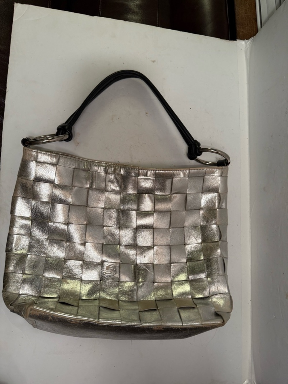 Woven Metallic Silver Shoulder Bag with Black Handle